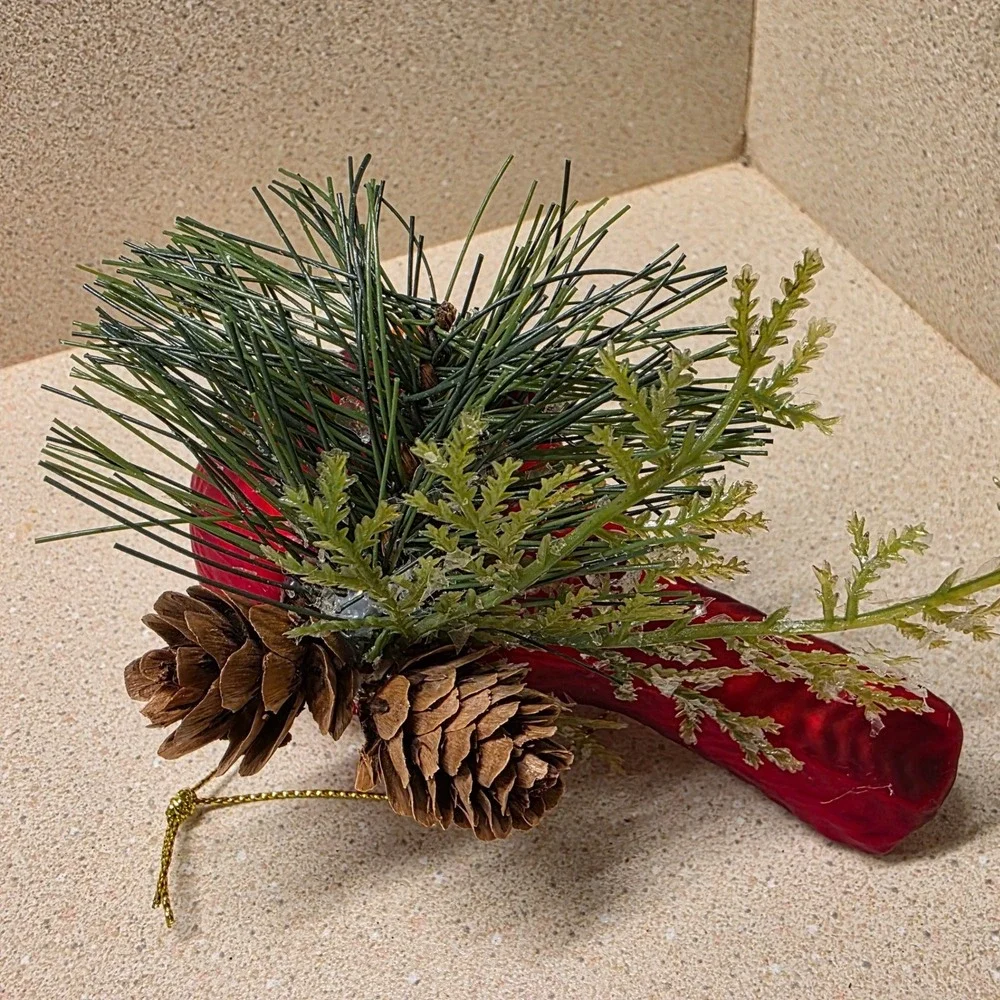 Vintage Blown Glass Cardinal Bird  Christmas Ornament Red Glitter Pinecone Base